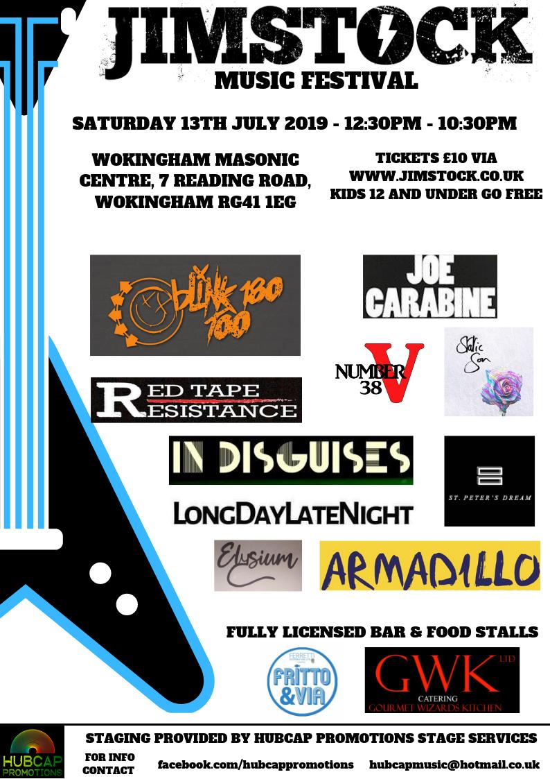 Jimstockfest's tweet photo. Jimstock festival 2019. Saturday 13th July 12:30pm - 10:30pm, Wokingham Masonic Centre. Tickets £10 online via https://t.co/sSCTnvXozS . ***Tickets £15 on the door*** Kids 12 and under go free. 10 bands, food stalls, bar and more! #jimstock #livemusic #wokingham #musicfestival https://t.co/dJUYaGOhjK