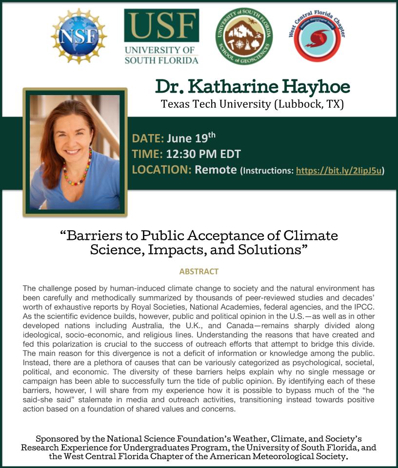 WCSREU's tweet photo. Our third Remote Summer Series speaker is Dr. Katharine Hayhoe! Her talk is June 19th at 12:30pm EDT. How to join & past talks: https://t.co/8ChtIK8nFb
@KHayhoe @TexasTech @USouthFlorida #wcsreu #wxtwitter #climatechange #climate #NSF #scicomm #ClimateAction #science https://t.co/meF900QSap