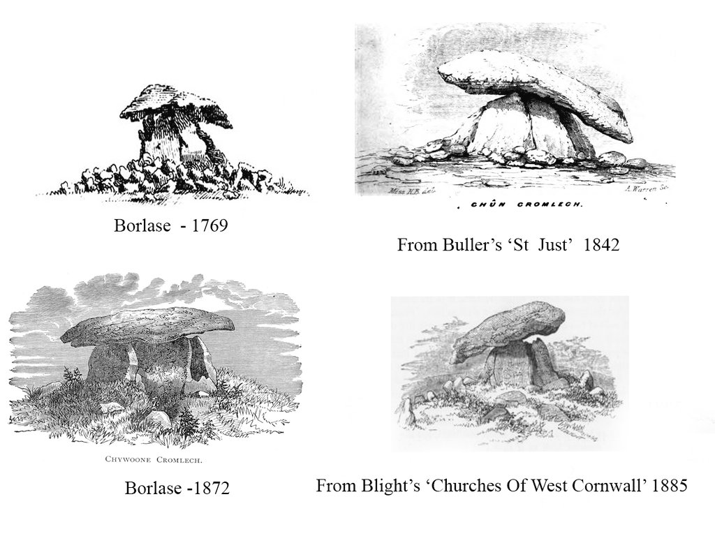 Chûn Quoit is in good nick for a burial mound that's c.4000 years old. Old sketches attached show it's not changed much since the 18thC. Surprised the later builders of Chûn Castle didn't rob any of it. Out of respect? Or was the stone still buried then? #PrehistoryOfPenwith