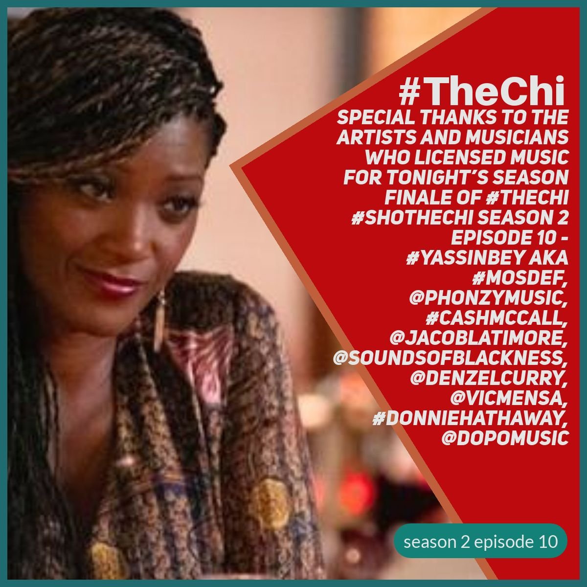 barrycfilm's tweet photo. Special thanks to the artists who licensed music for tonight’s season finale of #TheChi #ShoTheChi season 2 episode 10 - #YassinBey aka #MosDef, @Phonzymusic, #CashMcCall, @JacobLatimore, @SoundsofBlackness, @DenzelCurry, @VicMensa, #DonnieHathaway, @Dopomusic https://t.co/qTfBathoZt