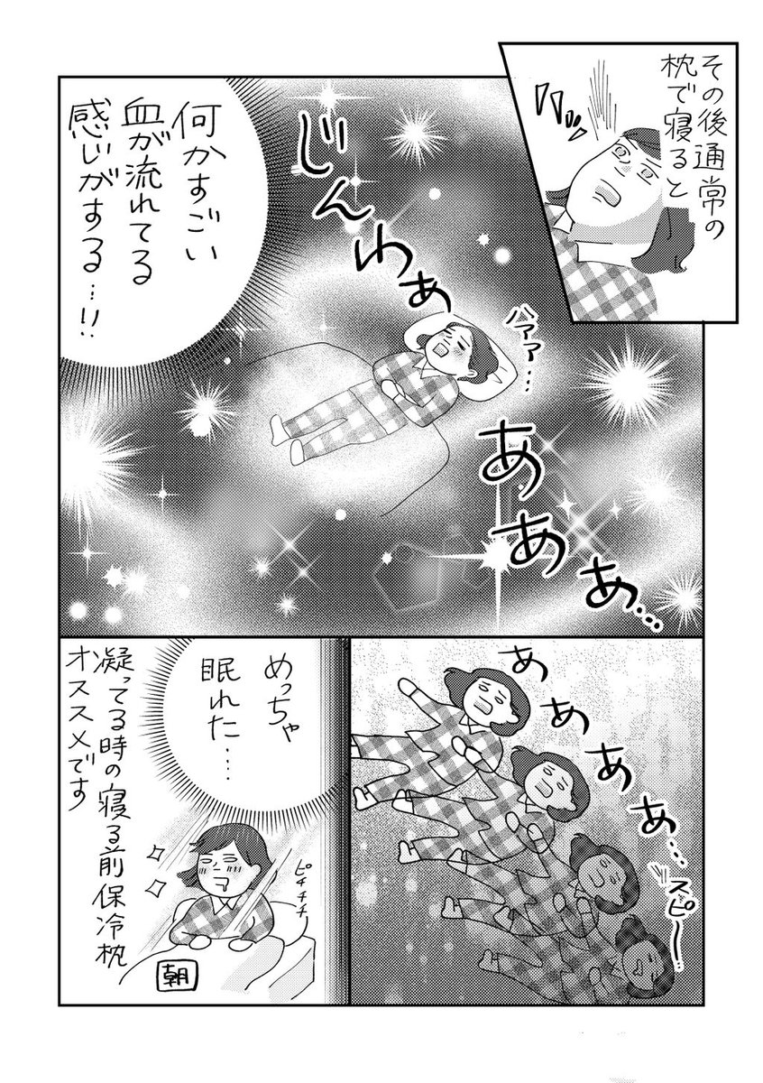 【寝る前保冷枕で安眠できた話】

効果に個人差あるとは思うのですが、これやるとじんわりと血が通う感じが気持ちいいのでおススメです。ストレッチと合わせるとより良い… 