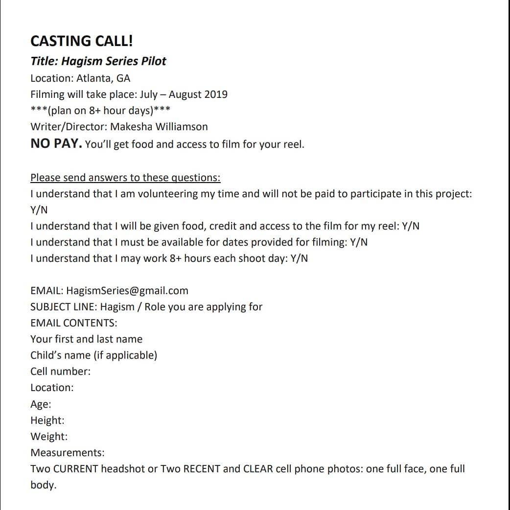 BIRTH_Believe's tweet photo. CASTING CALL!
Title: Hagism Series Pilot
EMAIL: HagismSeries@gmail.com #Birthproductionsllc #FilmLife #SetLife #filmmakers #filmmaking #director #filmmaker #film #movie #indiefilm #actors #actor #onset #filming #production #hollywood #filmproduction #films #entertainment #movies https://t.co/7Mzqq1R67M