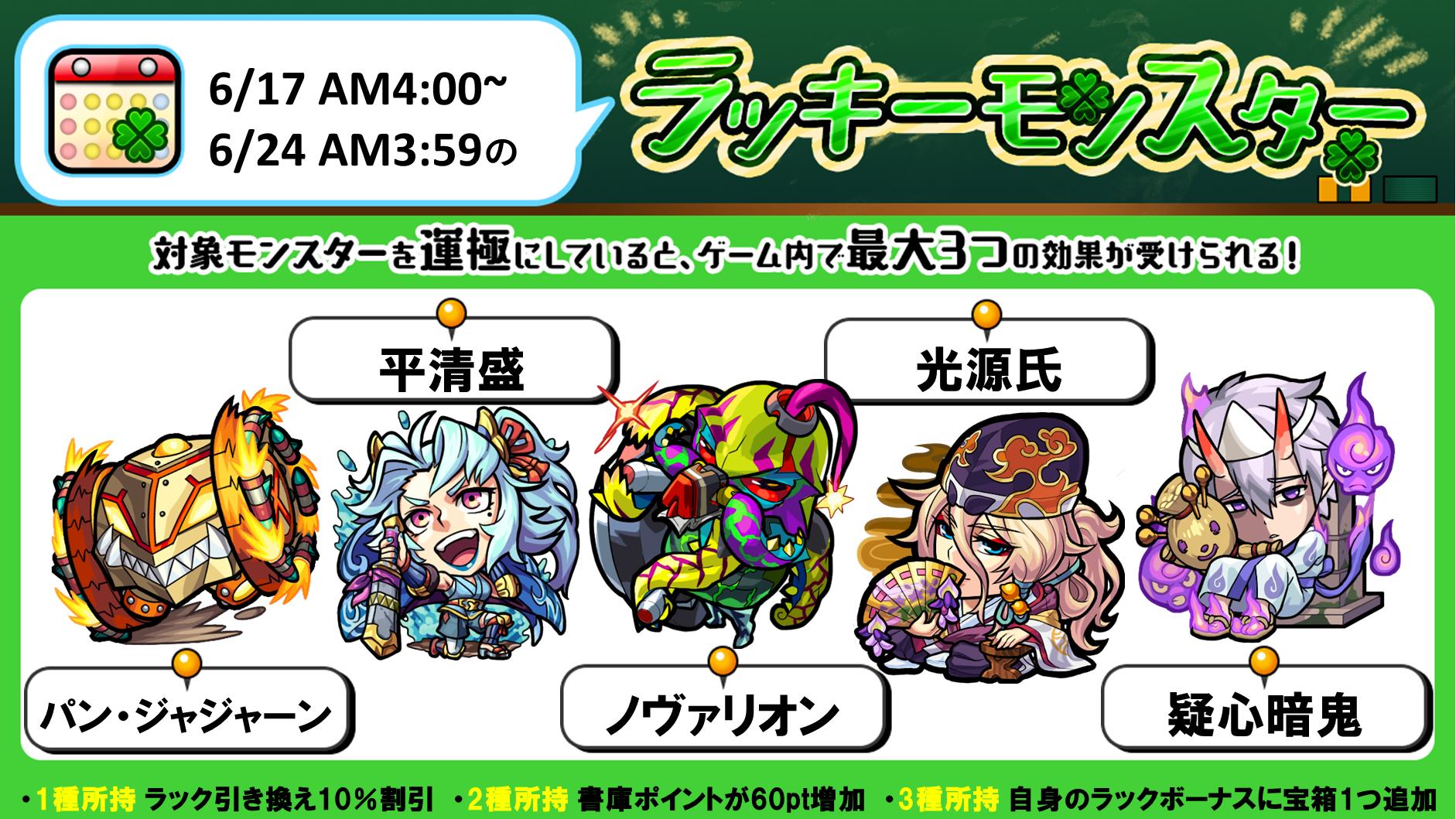 モンスターストライク公式 モンスト 今週のラッキーモンスター 本日 6 17 Am4 00 6 24 月 Am3 59の対象モンスターはこちら 対象モンスターを運極にしていると 運極にしている種類数に応じてゲーム内で最大3つの効果を受けることができます モンスターストライク公式 モンスト 今週のラッキーモンスター 本日 6 17 Am4 00 6 24 月 Am3 59の対象モンスターはこちら 対象モンスターを運極にしていると 運極にしている種類数に応じてゲーム内で最大3つの効果を受けることができます