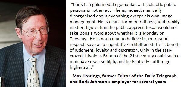 The Conservative ex-editor of the Daily Telegraph is Johnson’s longest-serving boss & answered the #C4Debate question “what is your greatest weakness?”

Answer:  Boris is a nasty egomaniac with no integrity, judgement or loyalty to anything/anyone but himself. #C4LeadershipDebate