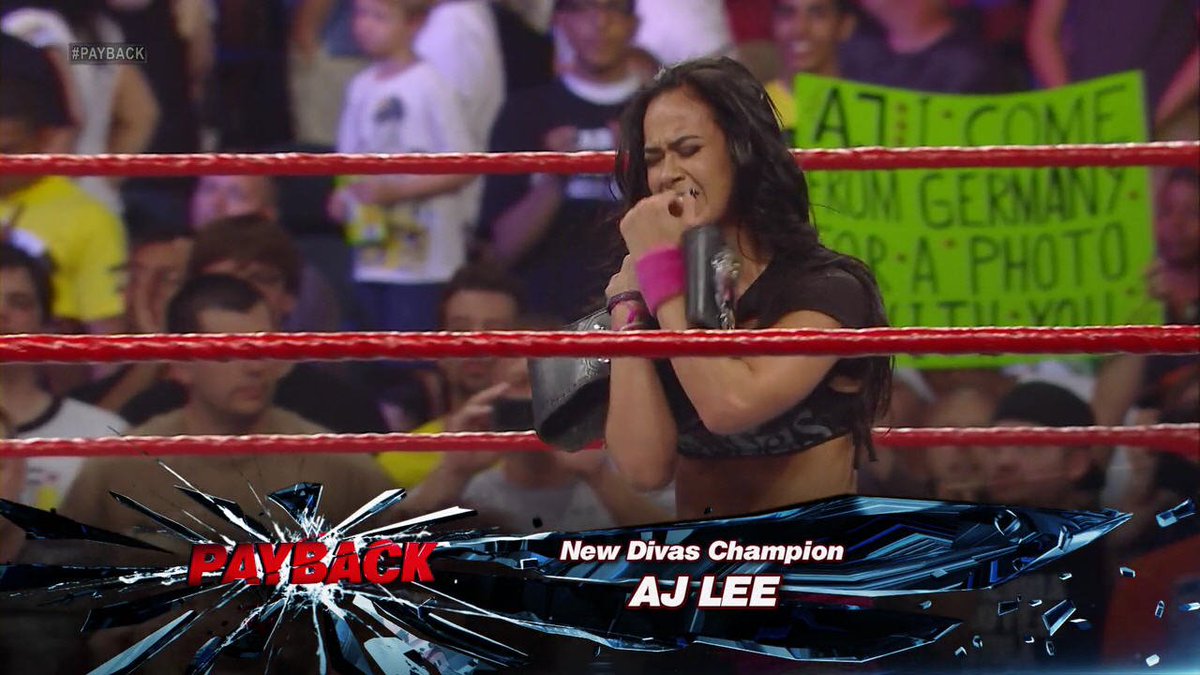 TravisJonesWWE's tweet photo. Lady @TheAJMendez after making her bff @CelesteBonin tap out at #WWEPayBack'13 to win the @WWE #DivasTitle #TeamAJ &amp; becoming the new #DivasChampion (295) which was a perfect #IconicAJ moment. #RT if u agree #WeLoveAJ #WeMissYouAJ #AJFansForEver #RAW @AJLeeSupport @WeLoveAJLee https://t.co/pRWllEldqA