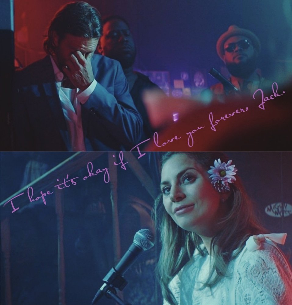 Two pics from Jack's and Ally's wedding reception. First is of him standing, leaning against the wall, he's moved by her words and song and his hand is wiping his eyes. Second is of her sitting at an out of shot keyboard, a microphone is in front of her, she's looking in his directing and smiling. The line from the movie that's is in the tweet is added to the graphic.