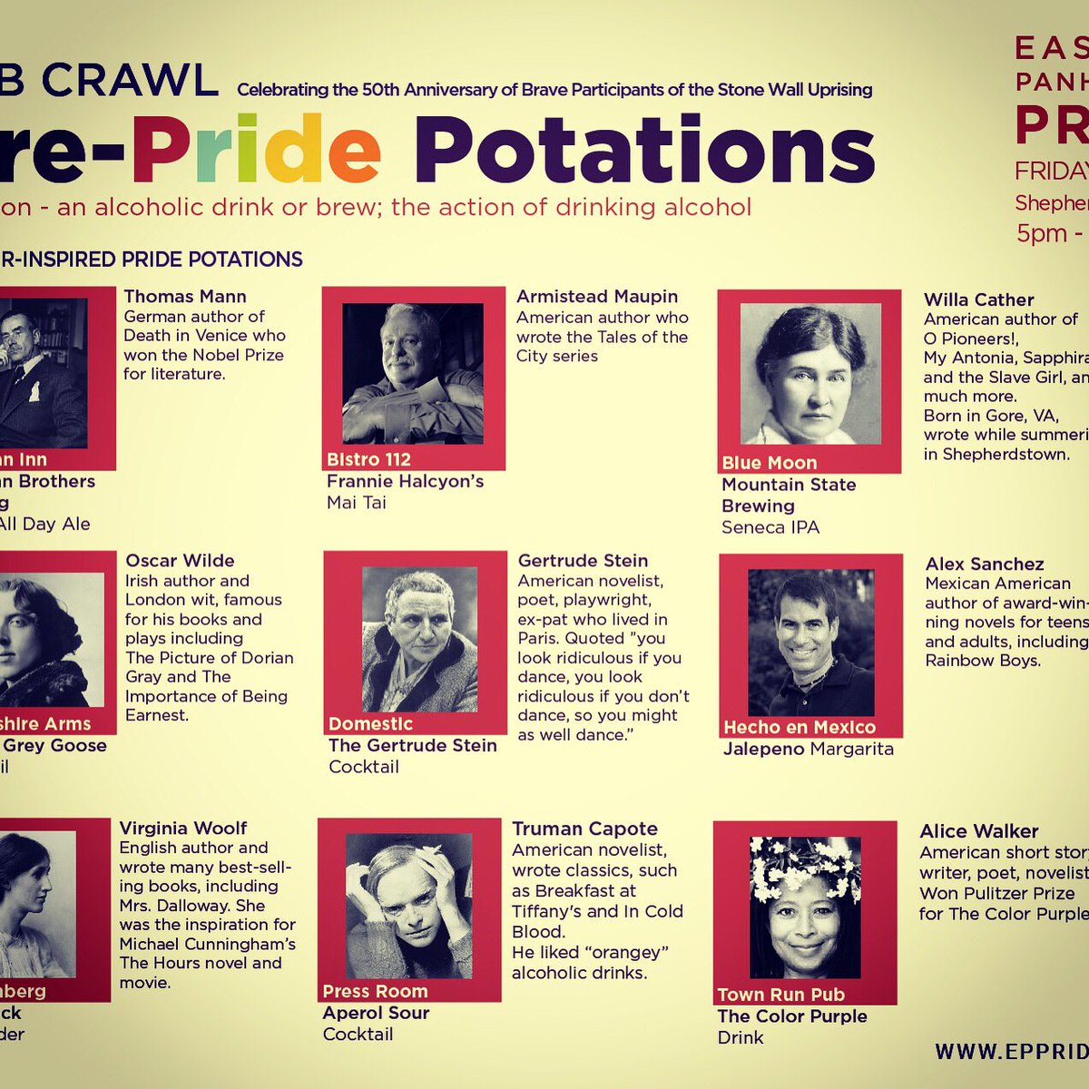 EPPrideWV's tweet photo. Start your pride weekend out with a crawl. A pub crawl through Shepherdstown. Come support our bars and pubs on Friday June 28th ftom5:00 pm til..... https://t.co/f1a1RjlsVF