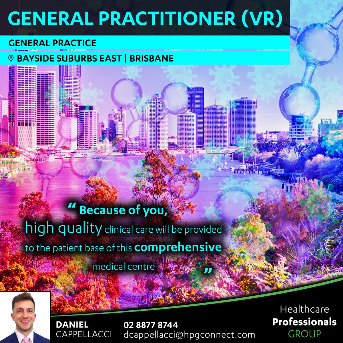 Spacious GP practice filled with natural light and purpose built facilities seeks a doctor to take over from a senior female GP. Bayside area of Brisbane with DWS available. Gross Billing of 400-600K and 70% offered. 
Contact 02 8877 8744 or dcappellacci@hpgconnect.com
#gp