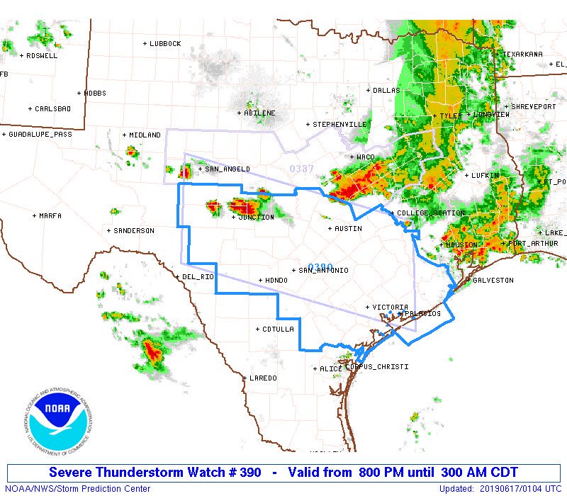 TravisCOSW's tweet photo. 8PM Severe Thunderstorm Watch just issued for us. In effect until 3AM. Have multiple ways to receive warnings in case any are issued, &amp; have a safety plan. #atxwx #txwx https://t.co/wcB55lPeZB