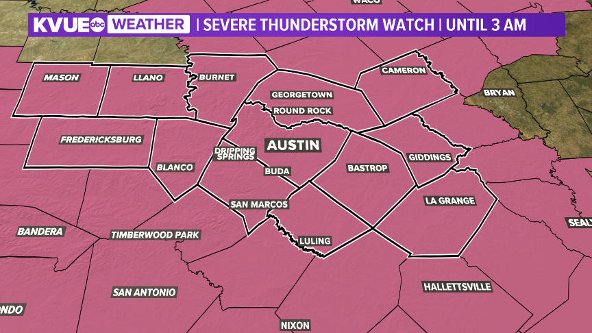 WXontheGogo's tweet photo. NEW: SEVERE THUNDERSTORM WATCH until 3 am for the entire KVUE viewing area.  This includes the entire Austin metro.  

Damaging winds, large hail and an isolated tornado will be possible.

@KVUE https://t.co/07hQCF69Qo