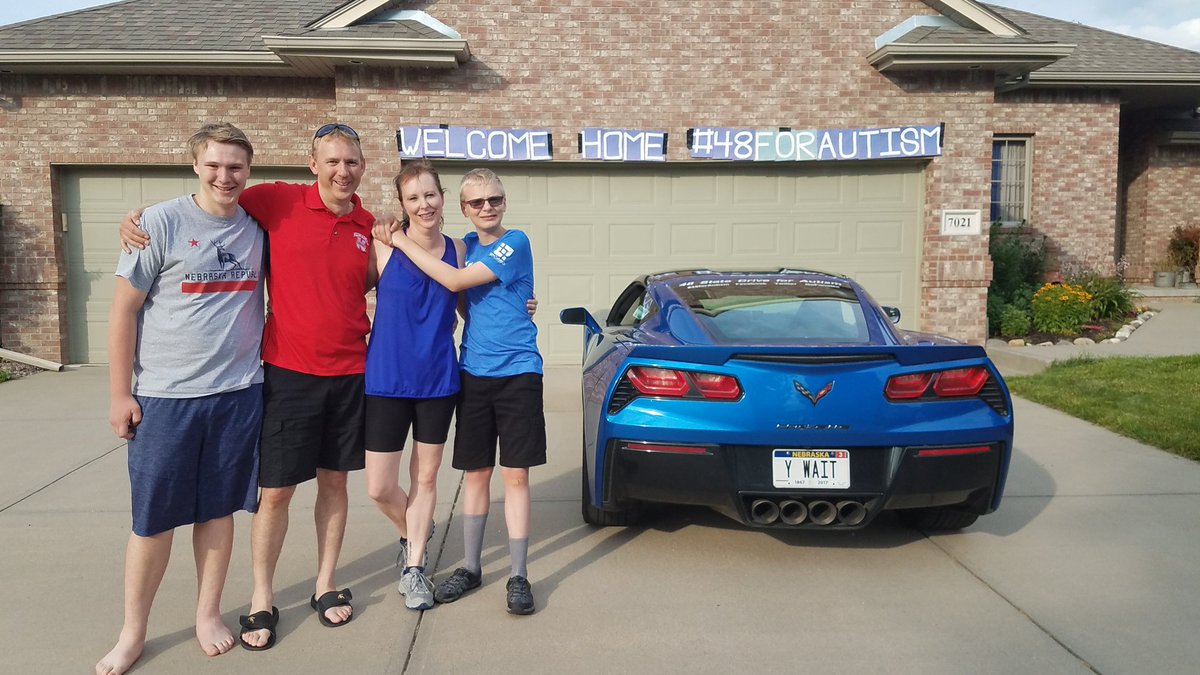 HOME!!  Jolene made a cool sign for our arrival!  Look for a recap 'by the numbers' tomorrow. 

Please help us raise $48k for Autism Action Partnership (a non-profit).  No donations are used to pay my trip expenses.
gofundme.com/48-state-drive…
#48forAutism  #AutismAction  #MyPlace48