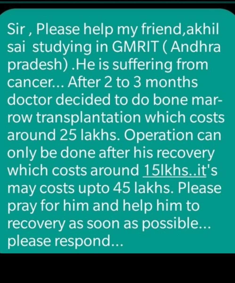 Chukkadeepak1's tweet photo. @ysjagan  sir, as already the news getting spread about Akhil sai bone marrow patient is now in trouble at Vellore CMC hospital without a bed. He was left in ambulance and the management said them to admit in after one week please help him sir 
Contact no:9347949719 it's urgent https://t.co/rqY1578AaD