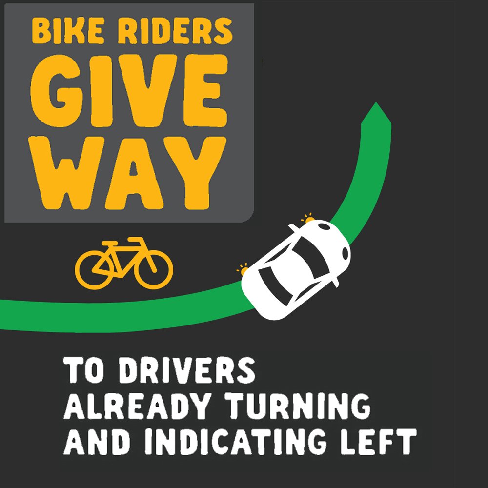 VicRoads's tweet photo. Whether you're in the bicycle lane or not, give way to vehicles indicating and already turning left ⬅️🚗 https://t.co/4rgymKI6jZ