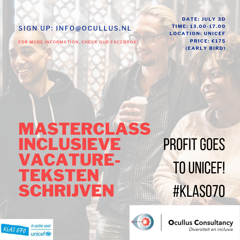 OcullusC's tweet photo. De Early Bird deadline voor onze masterclass Inclusieve Vacatureteksten Schrijven verstrijkt vandaag! Werk je als recruiter en heb je je nog niet opgegeven? Stuur ons een mail: info@ocullus.nl #diversiteit #inclusie #recruitment #klas070 #Unicef #vacatures https://t.co/MweJ9avlUw