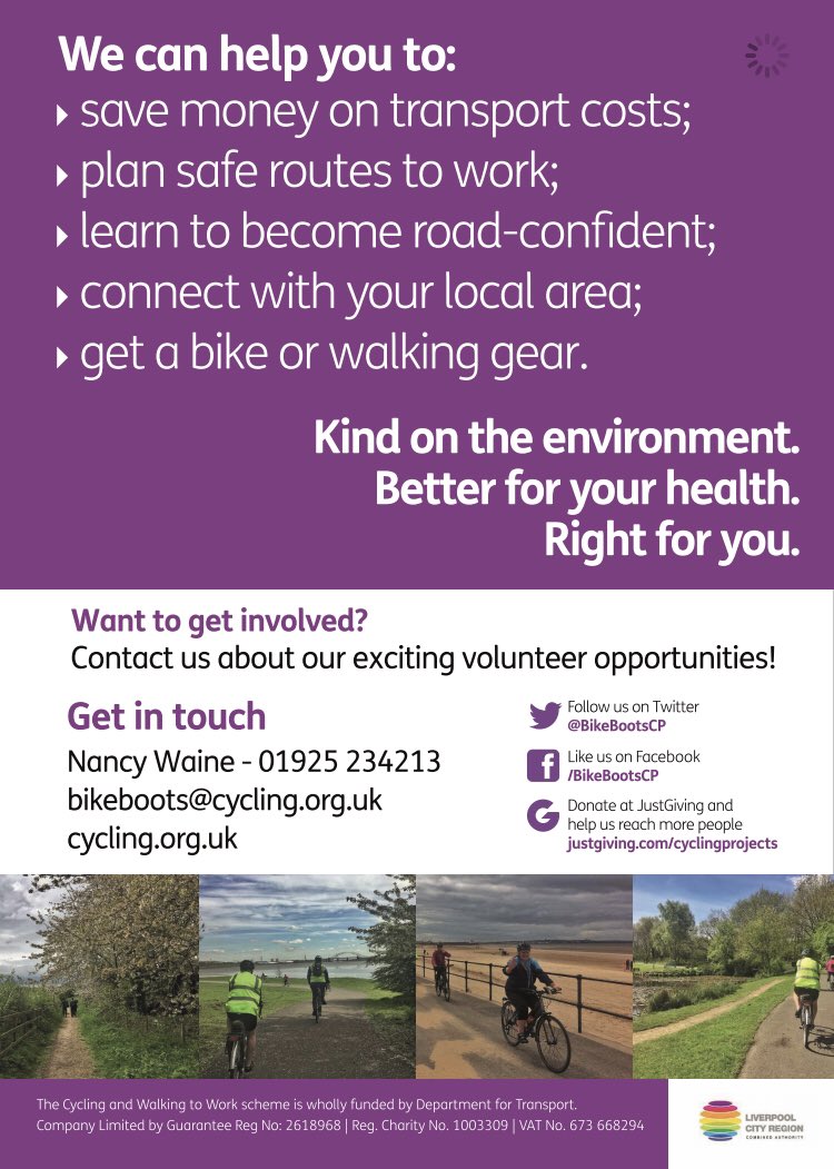 Our <a href="/BikeBootsCP/">Bike & Boots</a> scheme is live for 2019 so if you have been unemployed and want to walk or cycle to your new job we could help with a recycled bike from <a href="/MerseyCycleCIC/">MerseyCycle</a> or a new bike or walking gear from <a href="/DecathlonHuyton/">Decathlon Huyton</a> 

📱 07469148245 Nancy 

<a href="/JCPinMerseyside/">JCP in Merseyside</a> <a href="/JCPNWEmployers/">JCP Northern Employers</a>