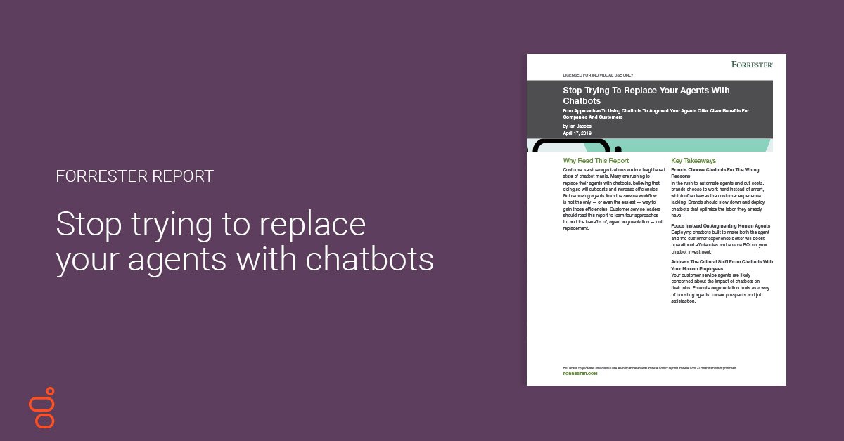 klaus_markussen's tweet photo. @Genesys encourages companies to use chatbots to serve - NOT replace - your agents. Read this @Forrester report to learn 4 approaches to agent augmentation that will benefit your company and customers.  https://t.co/ZGvjq9wR0s https://t.co/k3DLiVb8vp