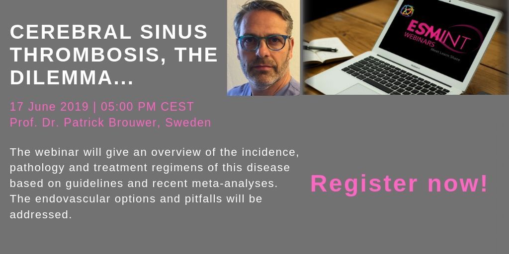 Today! Only a few hours before our #ESMINT #webinar on "Cerebral sinus thrombosis, the dilemma..." with Patrick Brouwer at 5 PM CEST. Register &gt;&gt; buff.ly/2R0ExXX