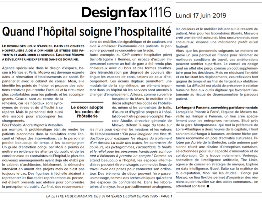 AgenceMoswo's tweet photo. "Moswo soigne l'hospitalité dans le secteur de la santé"Retrouvez l'article du @design_fax suite à notre conférence sur la #DesignHospitality = notre méthodologie #Design pour améliorer l'#expériencepatient vécue dans le secteur hospitalier. Avec notre partenaire @MoaiEtudes https://t.co/smp4ZRcD0k