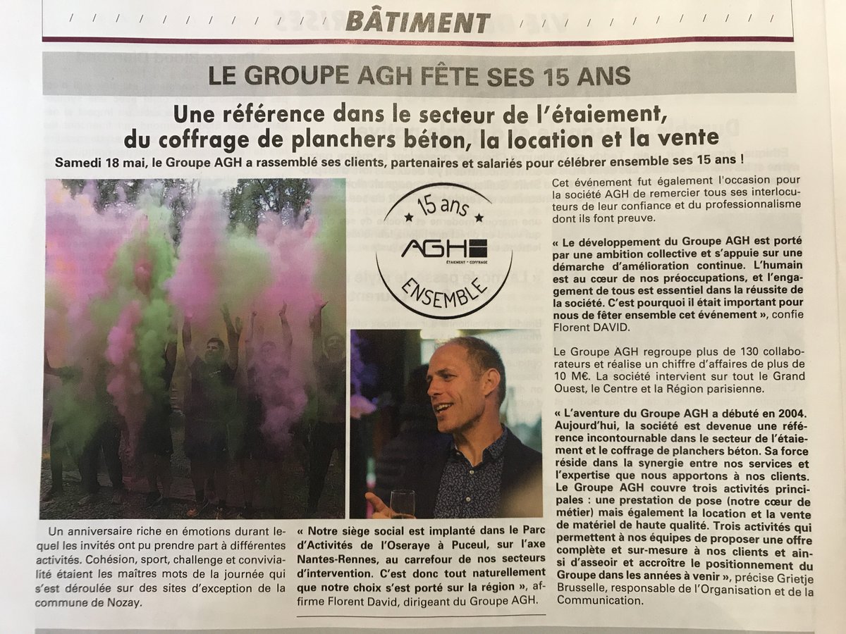AGHcoffrage's tweet photo. Presse – 15 ans AGH !  
L’hebdo « 7 jours » revient sur les 15 ans du Groupe AGH !  Un évènement haut en couleurs qui a rassemblé collaborateurs, partenaires et clients ! https://t.co/dstrik0Xn4 https://t.co/xf9jG5LMyI