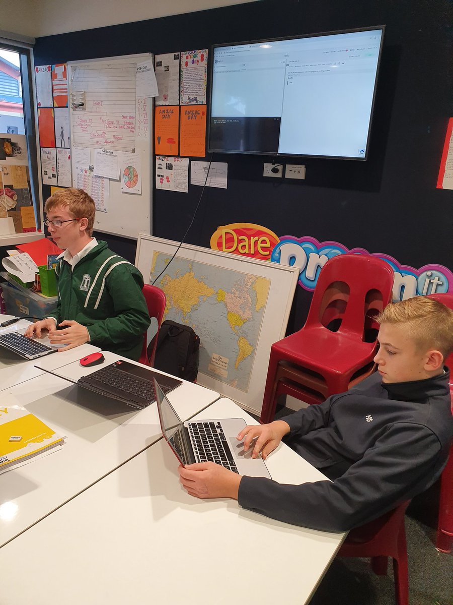 therealmrj's tweet photo. Love when former students come into to lead our learning. Thanks Braden and Blake for the advanced Python today! #getNZcoding @CodeClubNZ https://t.co/PDuVTkYKun