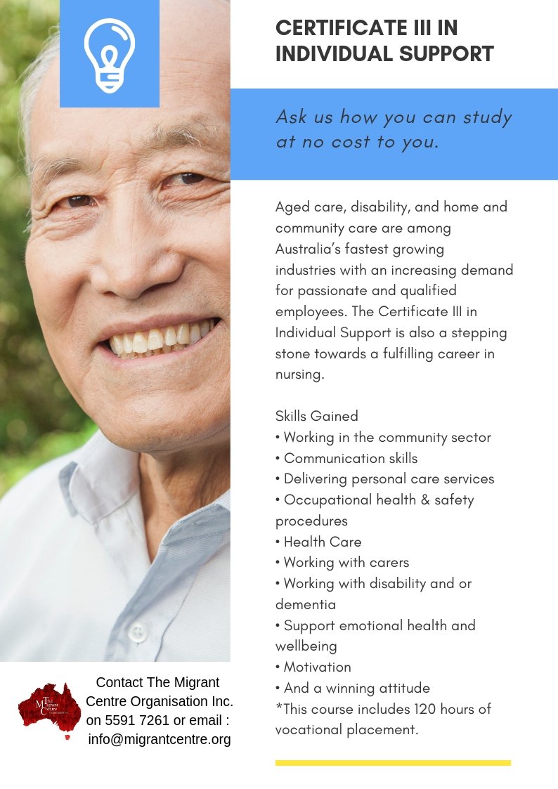 Study at Certificate III in Individual Support. Only a few places left for our June intake. Criteria applies. This course is fully funded by the Skilling Queenslanders for Work initiative.