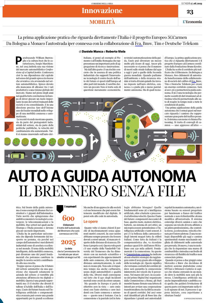 gdt62's tweet photo. Brennero #5G per #Driverless cars con #5GCarmen e la collaborazione di @TIM_Official @timbusiness @fcagroup @BMW @Telekom_group via @L_Economia @CorInnovazione @Corriere https://t.co/mALJzYr0QJ