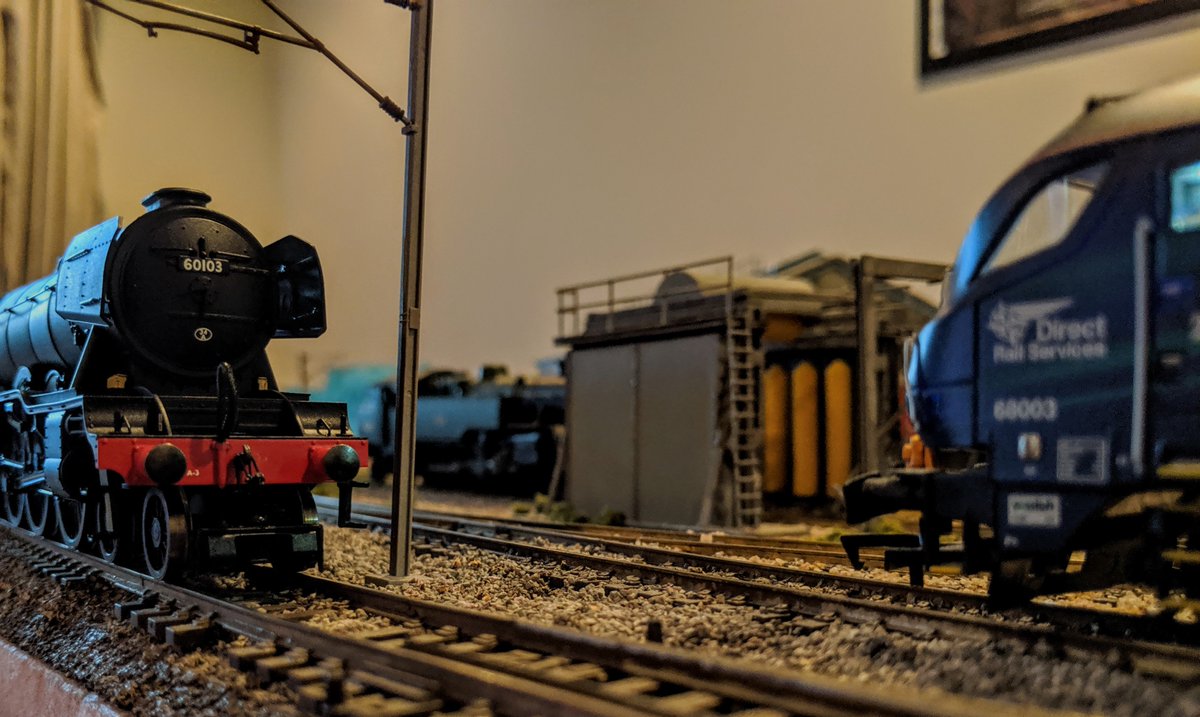 Giffield's tweet image. Flying Scotsman on mainline passing DRS class 68 on the industrial loop