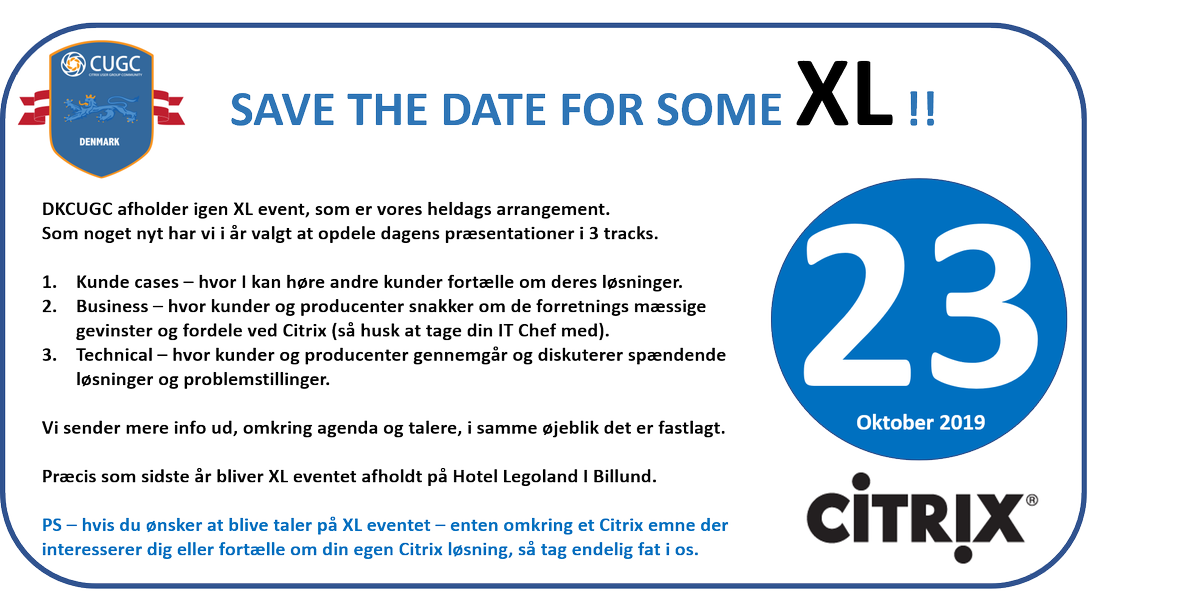 Så er der nyt om vores kommende XL event i oktober 2019!

#dkcugc #cugc