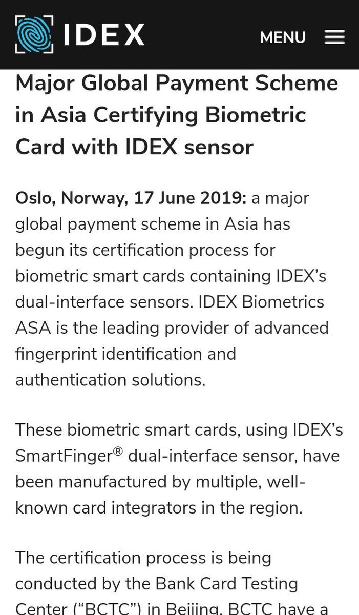 TechnologyTeech's tweet photo. Major Global Payment Scheme in Asia #Certifying #Biometric #Card with IDEX sensor.
These biometric smart cards, using @IDEXBiometrics SmartFinger® #dual_interface sensor https://t.co/KbPu9Vobms