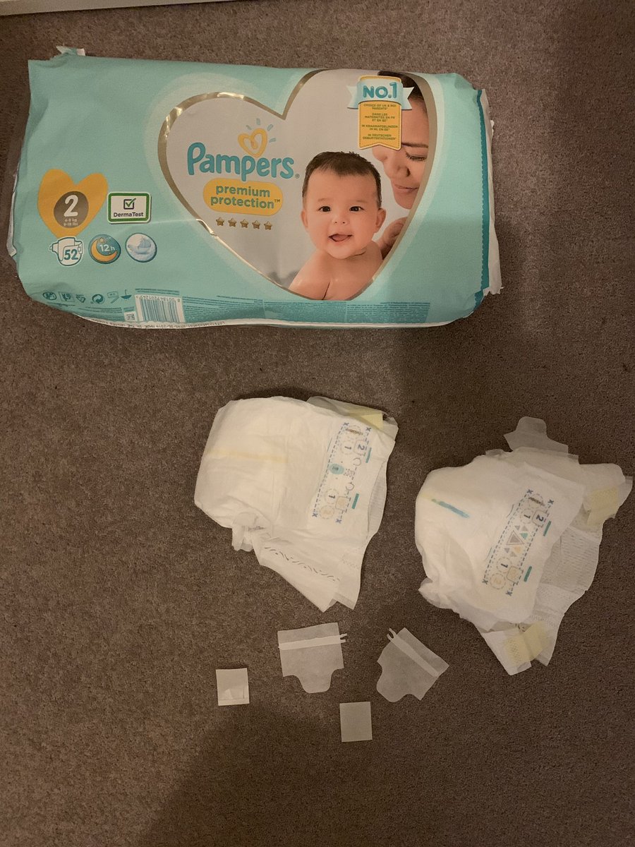 pbmacartney's tweet photo. @Pampers_UK so disappointed at this! I would expect more from premium nappies. Coming apart as you put them on?? Never mind the construction, what if my baby swallowed this... really poor🙁 https://t.co/40n0dhySRR
