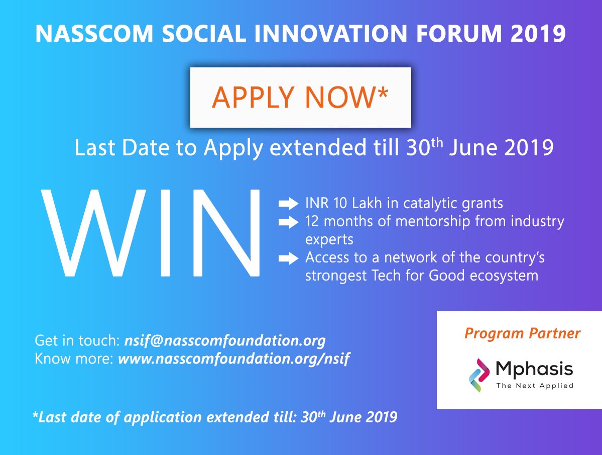 NASSCOM Foundation Tech for Good (@nf_tech4good) on Twitter photo Good news for all #socialinnovators! Application date for @NF_NSIF extended until 30th #June! Make the most and #ApplyforNSIF at nasscomfoundation.org/nsif and win #grants and #mentorship! <a href="/Mphasis/">Mphasis</a> <a href="/SrikanthKarra01/">Srikanth Karra</a> <a href="/MeenuBhambhani/">Dr Meenu Bhambhani</a> #Tech4good #NGO #Socents Good news for all #socialinnovators! Application date for @NF_NSIF extended until 30th #June! Make the most and #ApplyforNSIF at nasscomfoundation.org/nsif and win #grants and #mentorship! <a href="/Mphasis/">Mphasis</a> <a href="/SrikanthKarra01/">Srikanth Karra</a> <a href="/MeenuBhambhani/">Dr Meenu Bhambhani</a> #Tech4good #NGO #Socents