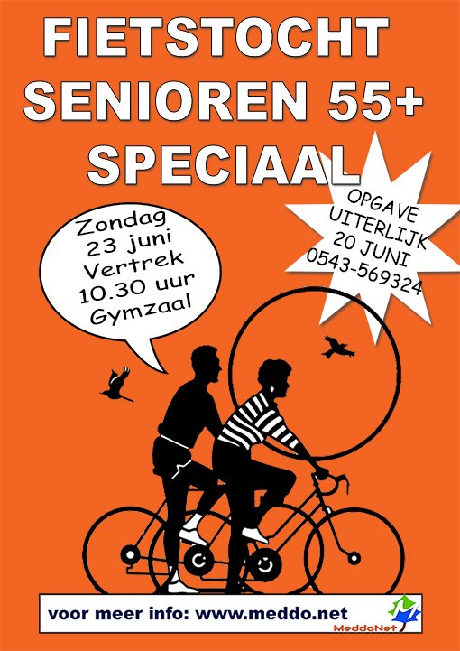 meddonet's tweet photo. Op zondag 23 juni is de extra lange fietstocht van 50 kilometer voor 55 plussers. De start is om 10:30 uur bij de gymzaal aan de Goorweg. Men dient zich op te geven voor 20 juni bij Dini Hoenink, telefoonnummer 569324. Kosten voor de lunch en consumpties zijn voor eigen rekening. https://t.co/ujb5jqFmFr