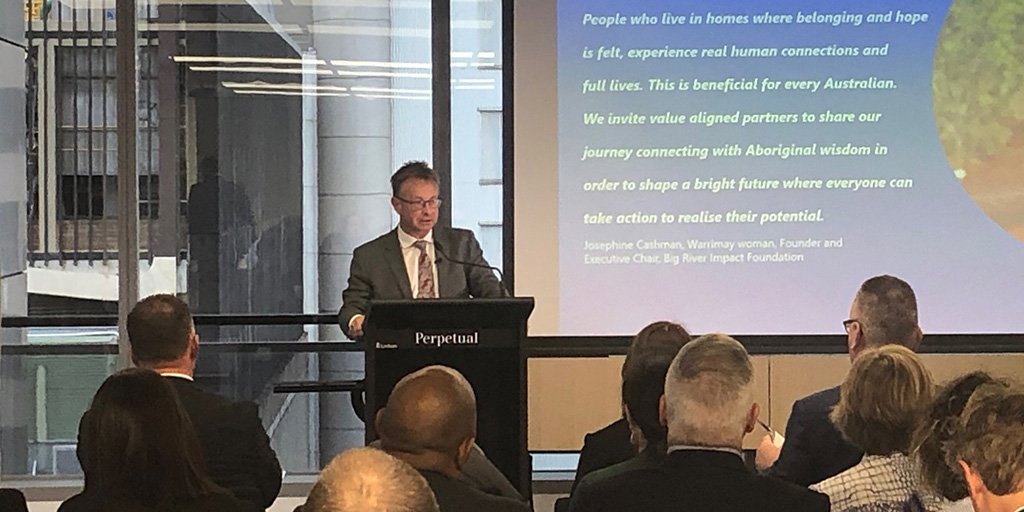 perpetual_ltd's tweet photo. "We enable people on low incomes to choose appropriate homes where they feel a sense of belonging. This leads to hope, economic strength and community action." Adam Mooney, CEO of Big River Impact Foundation shares its five year vision at the launch this morning. @bigriverimpact https://t.co/HetyTs95Ch
