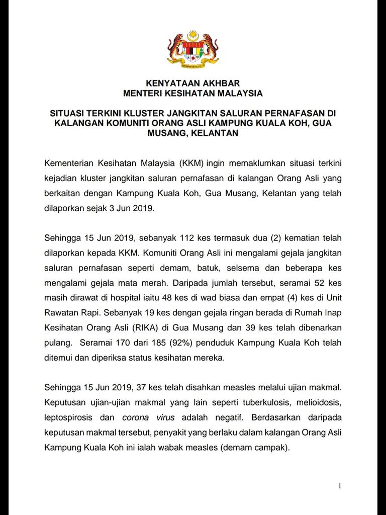 KKMPutrajaya's tweet photo. Kenyataan penuh Menteri Kesihatan, Datuk Seri @DrDzul situasi terkini kluster jangkitan saluran pernafasan di Kuala Koh.

37 kes disahkan measles slps ujian makmal. 

*Jumlah kematian 3 tmasuk terbaharu kanak-kanak berumur 2 tahun 6 bln pada 16 Jun di HRPZll krn Pneumonia. https://t.co/tLZTB7jl8c