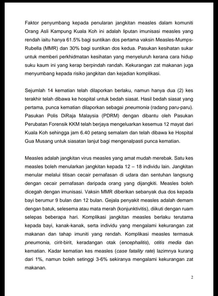 KKMPutrajaya's tweet photo. Kenyataan penuh Menteri Kesihatan, Datuk Seri @DrDzul situasi terkini kluster jangkitan saluran pernafasan di Kuala Koh.

37 kes disahkan measles slps ujian makmal. 

*Jumlah kematian 3 tmasuk terbaharu kanak-kanak berumur 2 tahun 6 bln pada 16 Jun di HRPZll krn Pneumonia. https://t.co/tLZTB7jl8c