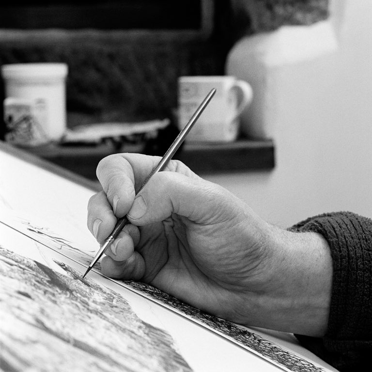 foldworks's tweet image. Charlie Meecham’s photographs of artists’ hands for Exchanges exhibition on during the Hebden Bridge Arts Festival. @hbaf.  These are the hands of Simon Manfield, artist. His drawing, in ink on paper, is of Stac Lì, St Kilda. @simonmanfield.  foldworks.org