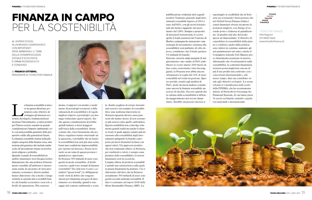 Il Presidente di Ticino For Finance Franco Citterio riflette sull'importanza della finanza sostenibile sul nuovo numero di Ticino Welcome