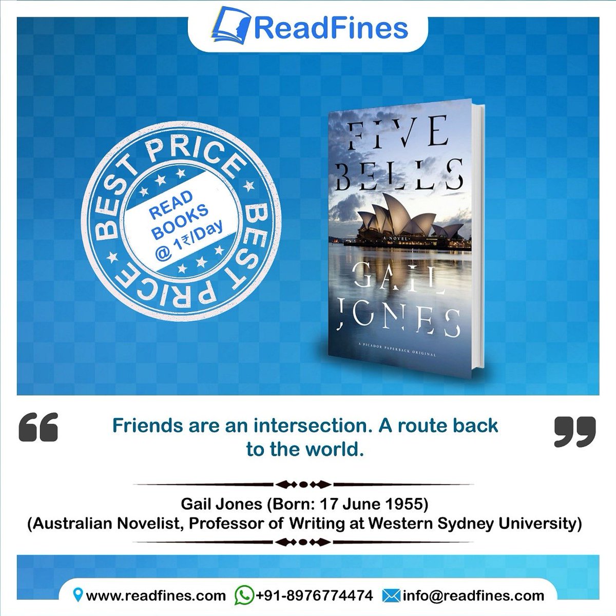readfines's tweet photo. #GailJones #Australian #author
#novelist
#book #reader #novel #writer #books #author
.
.
#ReadFines
Rent-Read-Return
Spend less. #Read more.
#Rent | Buy | Sell | Donate
New #Books | Used Books
.
https://t.co/Ad5Z4t3TVG
+91 89767 74474 https://t.co/uUaUPn8Ld2