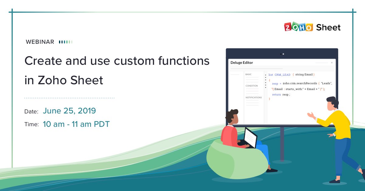 ZohoSheet's tweet image. Learn how to create custom functions using Deluge in Zoho Sheet, and how to bring in contextual data from other applications, like Zoho CRM, Books, and Projects. Join our webinar on June 25th, 2019.
Register now: zurl.co/eSw1
#ZohoSheet #CustomFunctions #Webinar