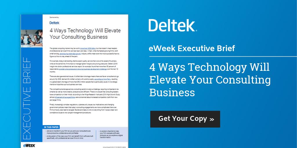 Want to make your consultants more productive, collaborative and profitable? Get your copy of 4 Ways Technology Will Elevate Your Consulting Business from <a href="/eWEEKNews/">eWeek</a>. ow.ly/rfSs50uCFMC