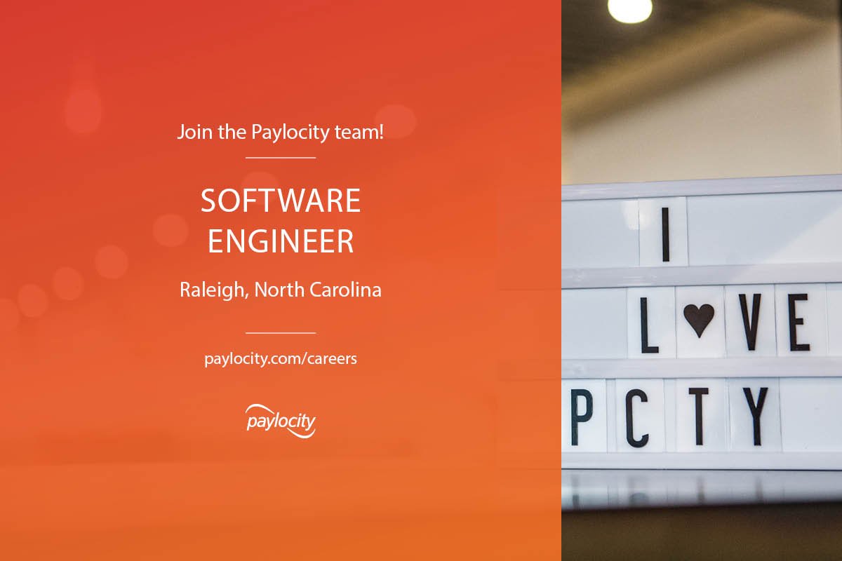 L_Miyamoto's tweet photo. At @Paylocity, we work had to build and strengthen team-centric relationships with clients, partners, and coworkers. We are looking for a #SoftwareEngineer in #Raleigh to join our team and #BeUnbeatableTogether. Check it out here: https://t.co/t7BjOzdDzO #Talent4PCTY #PCTY https://t.co/HKGJrzwHYb