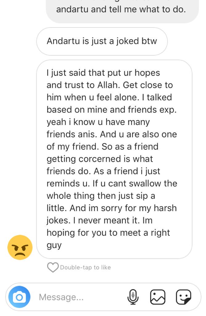 AnisAshaari's tweet photo. I was a bit sad today because an old friend of mine simply called me “andartu” just because I’m 25 and not married yet. Then, had an audacity to say “andartu is just a joke” and it was just his “concern”. 

Talk nicely people. You don’t know what a person has been through. https://t.co/49q5GPrffc