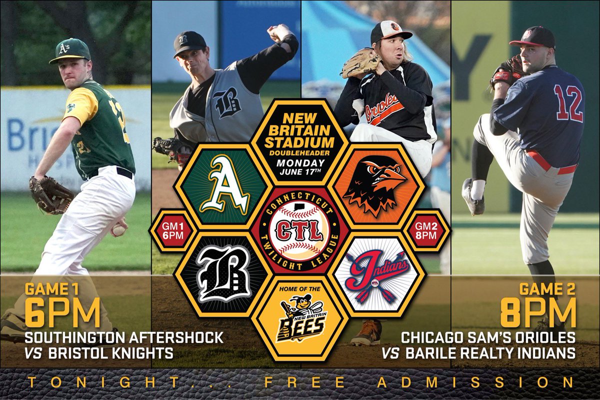 CTLbaseball's tweet photo. TONIGHT, MON 6/17... #CTLBaseball Doubleheader at New Britain Stadium. Free Entry! Gm1-6pm: Southington Aftershock vs @BristolKnights &amp; Gm2-8pm: @CTL_Orioles vs Barile Realty Indians at the home of the @NewBritainBees #free #baseball #connecticut  #bees #CTLBaseball #ctbase https://t.co/yksPwuEerb