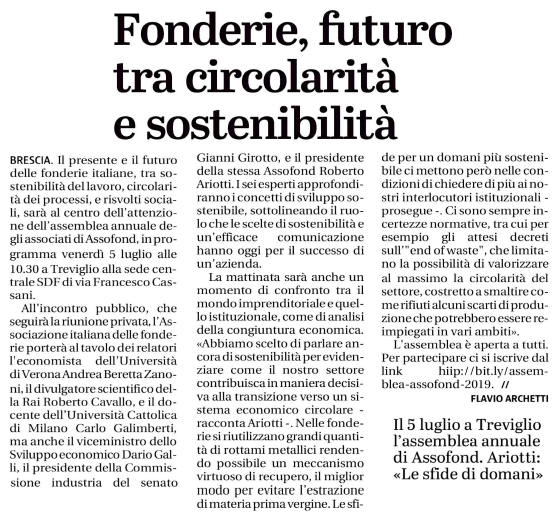 Assofond's tweet photo. Il #GiornalediBrescia dedica un articolo alla #AssembleaAssofond2019, in programma venerdì 5 luglio a #Treviglio.
La partecipazione alla parte pubblica (dalle 10:30) è gratuita per tutti.
Per info e iscrizioni: https://t.co/Uov9eLdPZ9
#fonderie #assofond https://t.co/cBBAw2wl9N