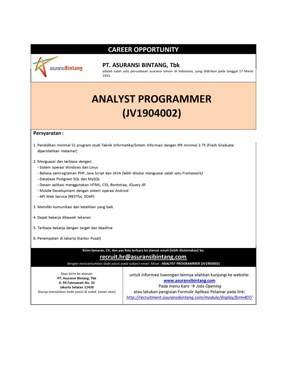 Lowongan Kerja di PT. Asuransi Bintang, Tbk