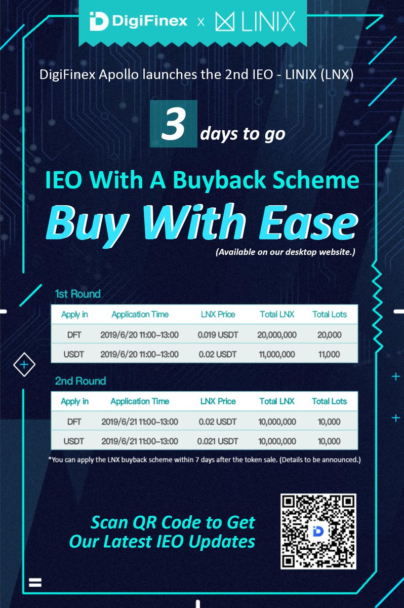DigiFinex's tweet image. ✦ 3 days countdown to our next #IEO on 20 June! It&apos;s LINIX (LNX) @linixfoundation 
✦ With our unique buyback scheme and no entry barrier, this is your chance to get LNX tokens at a great price. 
✦ #IEO Guide here: digifinex.com/en-ww/notice/4…