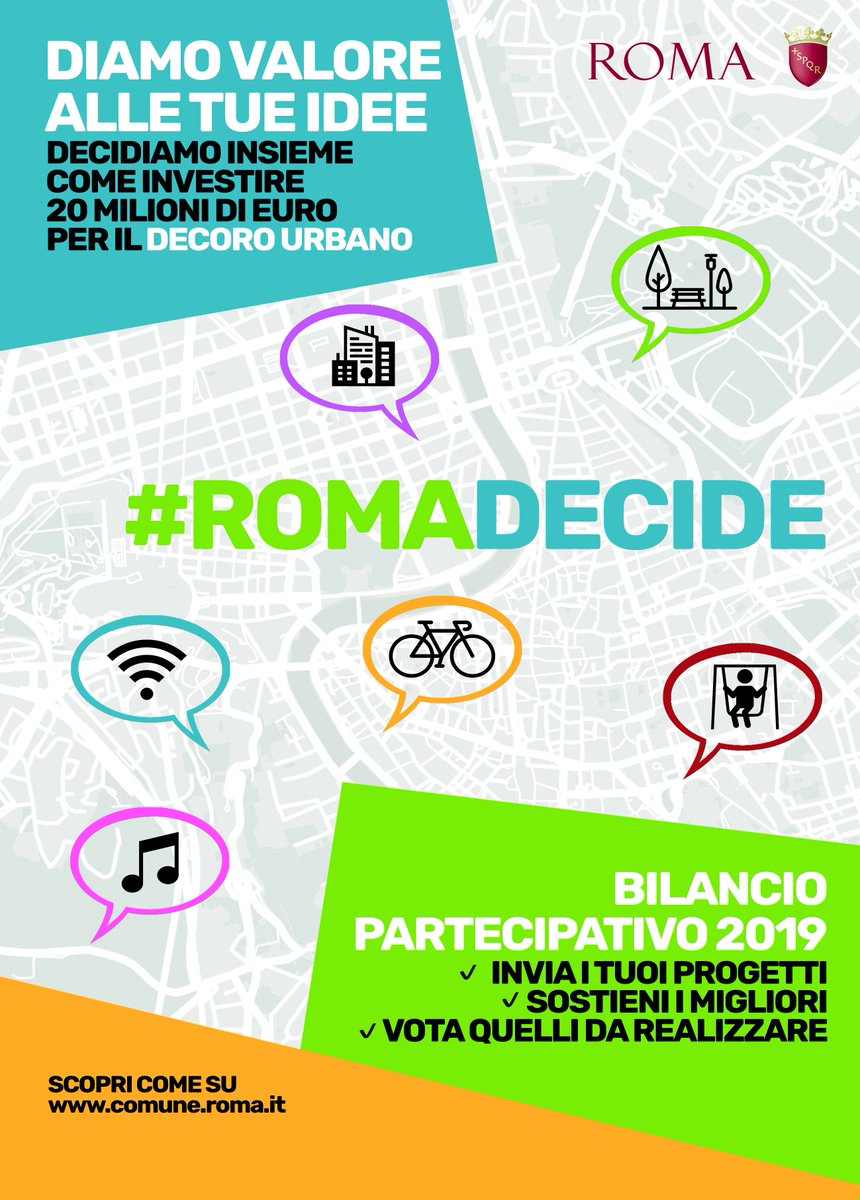 C'è tempo fino al 15 luglio per inviare le tue proposte e decidere come investire €20 milioni del bilancio di <a href="/Roma/">Roma</a> per il decoro urbano e per valorizzare la bellezza e la fruibilità degli spazi cittadini e delle aree verdi. #RomaDecide, scopri come qui: bit.ly/31uWYsr