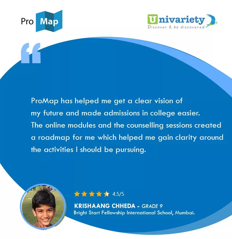 ProMapIndia's tweet photo. Here's what Krishaang Chheda from Bright Start Fellowship International School, August Kranti Marg, Mumbai has to say about ProMap.
Find out more about ProMap here: https://t.co/pASt5aE1IO
#ProMap #BeyondAcademics #Testimonial #StudentProfileBuilder #CareerGuidance #Counselling https://t.co/rKhVGJvWGU