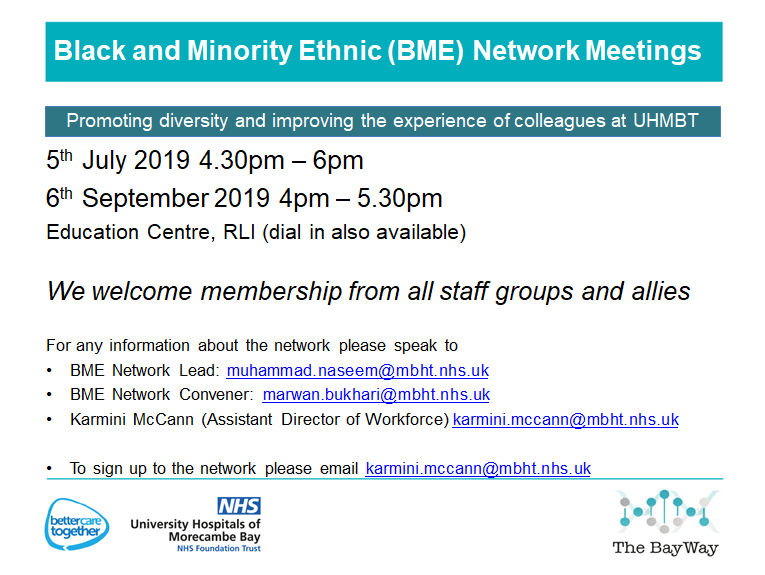 Our next BME Network meetings are on the 5th July and 6th September! If you're interested in attending the days or joining the network, see the below contact details ~ We'll see you there! #TeamUHMBT #HaveYourSay #ShareYourViews #ProudDiversity
