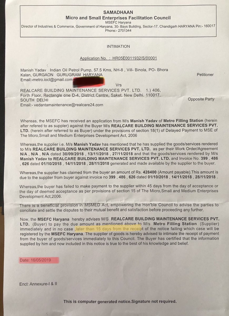MYADAVN's tweet photo. @mlkhattar @jawaharyadavbjp Ji, i made this complaint to @minmsme against @rahejadeveloper for Non payment of Bills. It was directed to #MSEFC Haryana on 16/5/19. No response came after that about the case status. @cmohry please look into the matter and do the needful. 🙏🏼 https://t.co/Wj3CrQwYvw